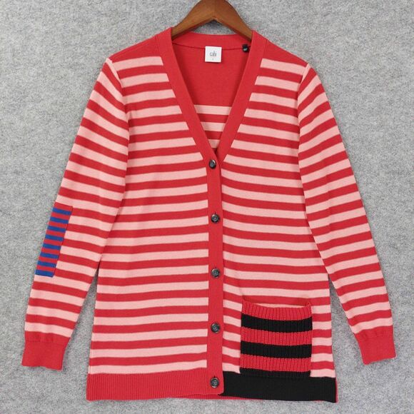 Cabi Cardigan Sweater Womens Sz S Red Pink Striped Button Front Style Quirky - Picture 1 of 8